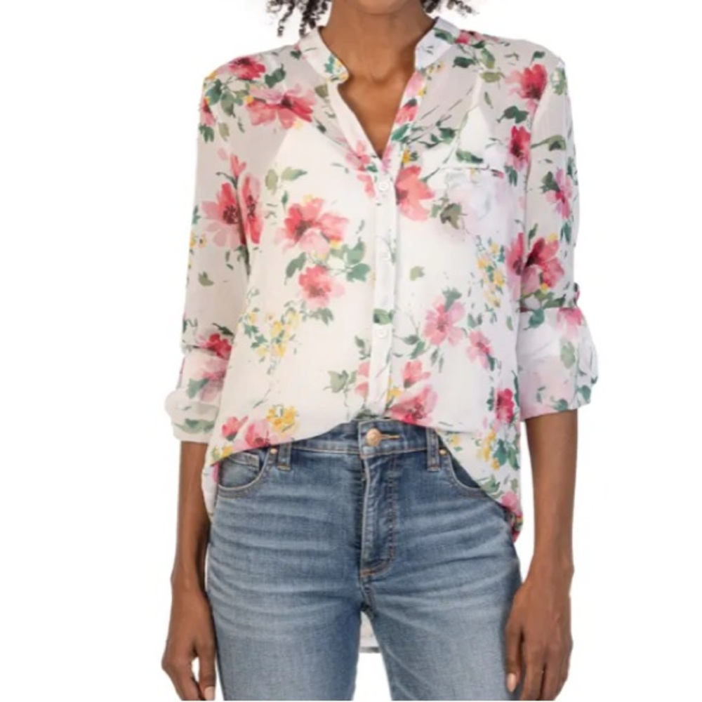 Floral Button-Up Blouse - White and Pink